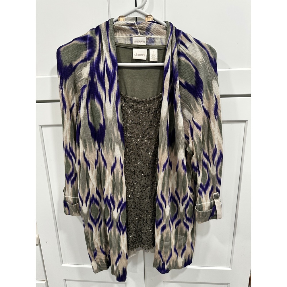 Chico's Knit Cardigan Tank Top Set Women's Size 1 Neutral Purple‎ Olive Sparkle